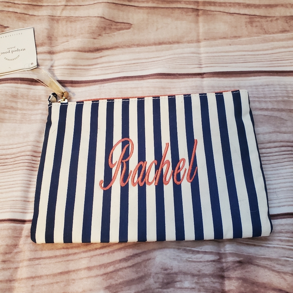 Personalized Rachel Cosmetic Bag Pottery Barn Blue White Stripes NWT